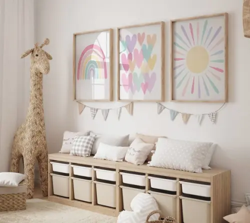 Kit 3 Quadros Boho Arco-iris Coração Sol Infantil Decora A3