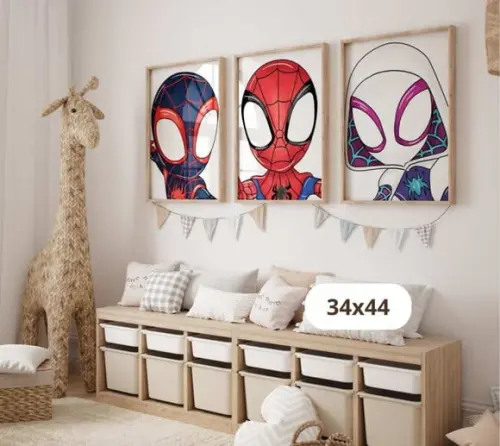 Kit 3 Quadros Decorativos Moldura Homem Aranha Aquarela A3