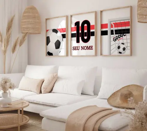Kit 3 Quadros Futebol Nome Branco Vermelho Preto A3