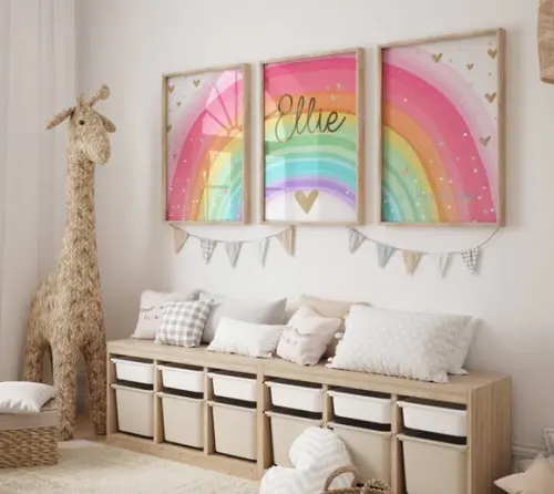Kit 3 Quadros Boho Arco-iris Coração Infantil Decora Nome A3
