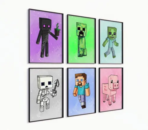 Kit 6 Quadros Decorativos Moldura Minecraft Decoração