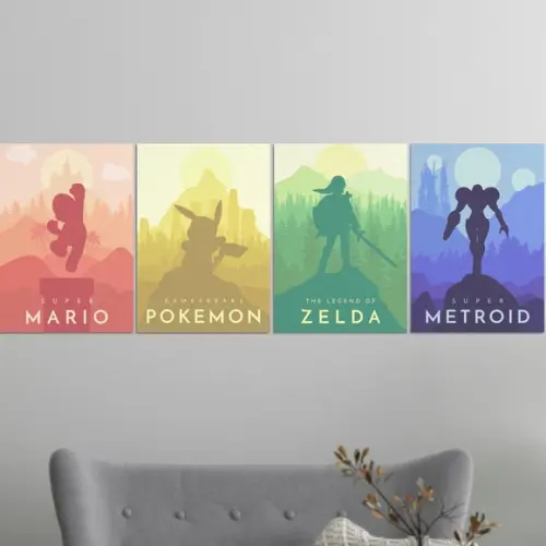 Kit 4 Placas Decorativas Quadro Mario Pokémon Zelda Metroid