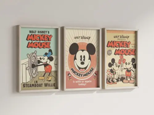 Kit 3 Quadros Decorativos Moldura Mickey Vintage Decorar