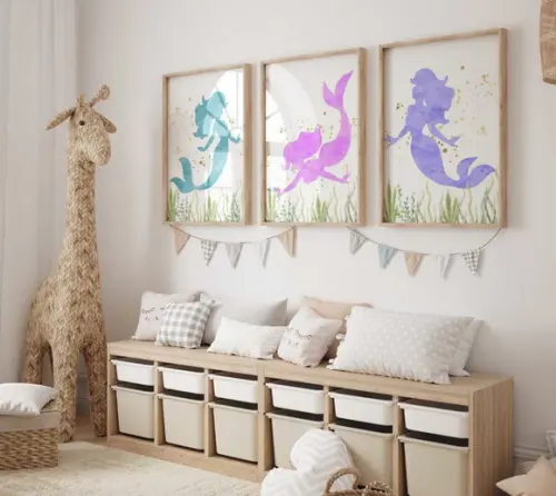 Kit 3 Quadros Decorativo Sereia Minimalista Infantil A3