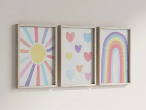 Kit 3 Quadros Decorativo Boho Coração Sol Arco-iris Infantil