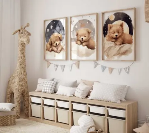 Kit 3 Quadros Decorativo Moldura Cachorro Fofo Dormindo A3