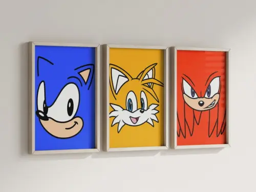 Kit 3 Quadros c/ Moldura Sonic Tails Knuckles Minimalista