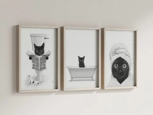 Kit 3 Quadros Decorativos Moldura Gato Banho Banheiro B