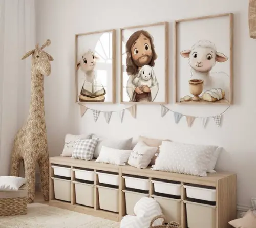 Kit 3 Quadros Decorativo Jesus Mini Berçário A3 34x44