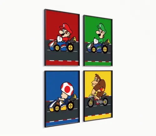 Kit 4 Quadros Decorativos Moldura Mario Kart Personagens
