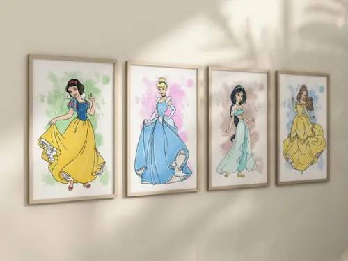 Kit 4 Quadros Decorativos Moldura Princesas