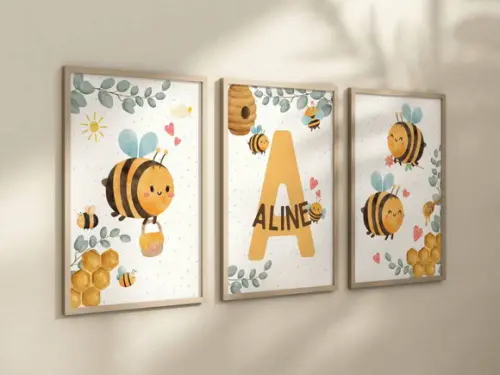 Kit 3 Quadros Decorativo Moldura Abelhinha Maternidade A4