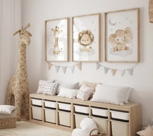 Kit 3 Quadros Decorativos Moldura Bebe Safari Animal A3