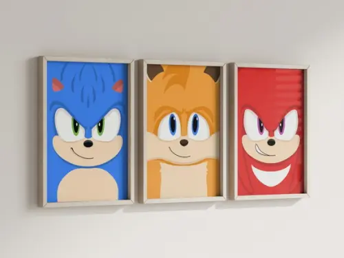 Kit 3 Quadros c/ Moldura Sonic Tails Knuckles Minimalista