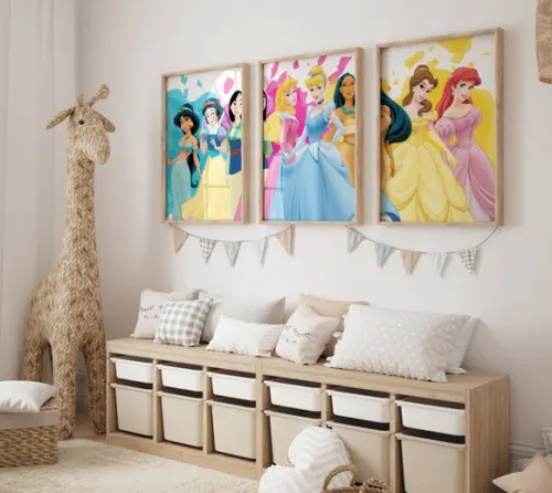 Kit 3 Quadros Decorativos Moldura Princesas A3