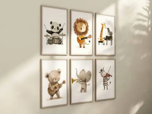 Kit 6 Quadros Decorativos Moldura Animais Musicais A4