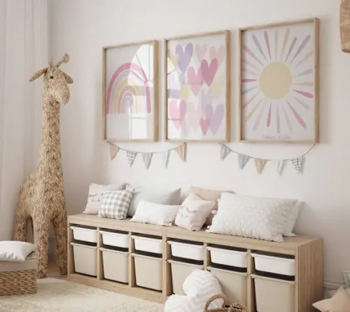 Kit 3 Quadros Boho Arco-iris Coração Sol Infantil A3