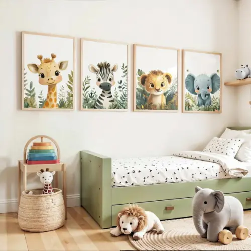 Kit 4 Quadros Decorativos Moldura Safari Infantil A2 40x60