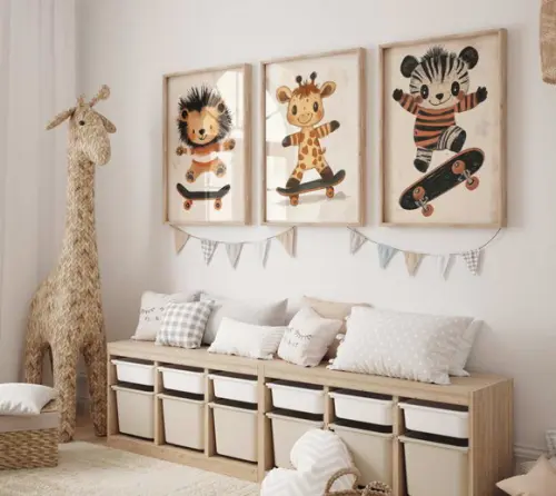 Kit 3 Quadros Decorativos Moldura Bebe Safari Skate Animal