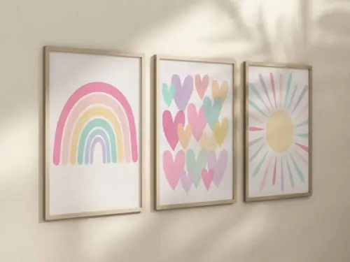 Kit 3 Quadros Boho Arco-iris Coração Sol Infantil Decora