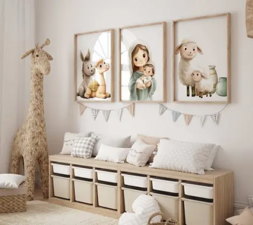 Kit 3 Quadros Decorativo Menino Jesus Virgem Maria A3 34x44
