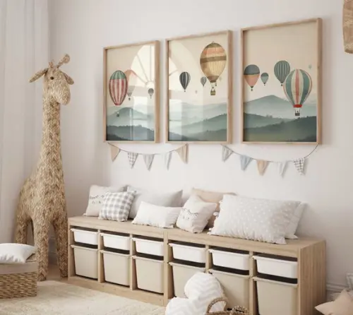 Kit 3 Quadros Decorativo Moldura Boho Balão Berçário Bebê A3
