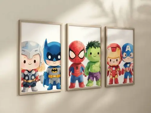 Kit 3 Quadros Decorativos Moldura Super-heróis Baby 24x34