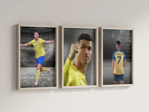 Kit 3 Quadros c/ Moldura Cristiano Ronaldo Cr7 Al Nassr