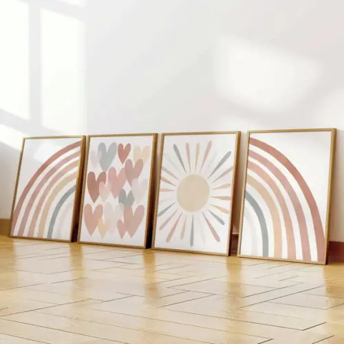 Kit 3 Quadros Boho Arco-iris Coração Sol Infantil Decora A3