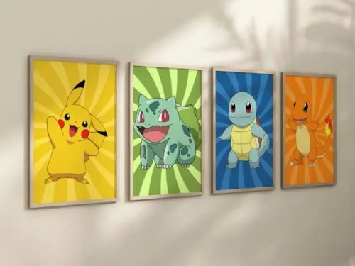 Kit 4 Quadros Decorativos Moldura Pokémon Decorar A4 Arte