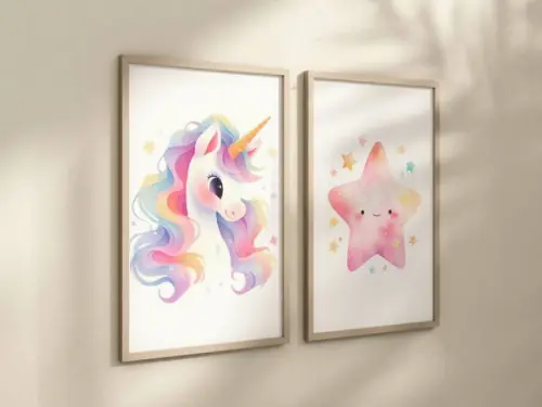 Kit 2 Quadros Decorativos Moldura Unicórnio Infantil Decorar