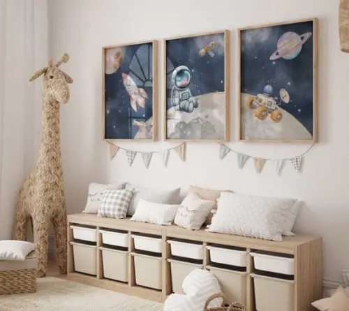 Kit 3 Quadros Decorativo Moldura Astronauta Berçário A3