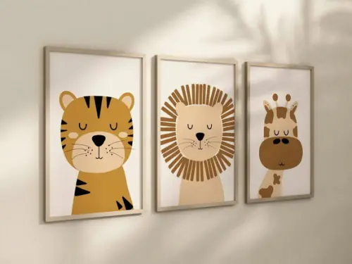 Kit 3 Quadros Decorativos Moldura Bebe Safari Animal Boho A4