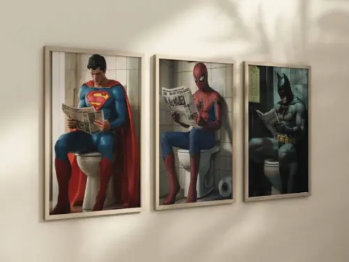Kit 3 Quadros Decorativos Super-heróis Banheiro Engraçada A4