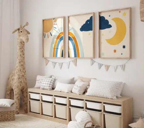 Kit 3 Quadros Boho Sol Lua Arco-iris Infantil Decorar A3