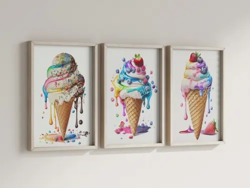 Kit 3 Quadros Decorativos Moldura Sorvete Casquinha
