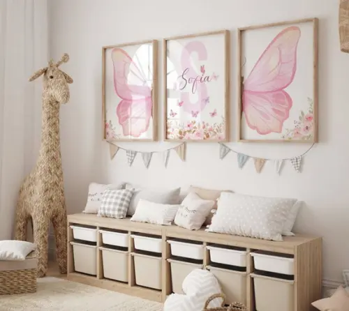 Kit 3 Quadros Moldura Borboleta Berçário Flores B 34x44