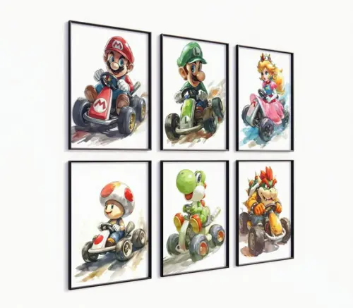 Kit 6 Quadros Decorativos Moldura Mario Kart Corrida