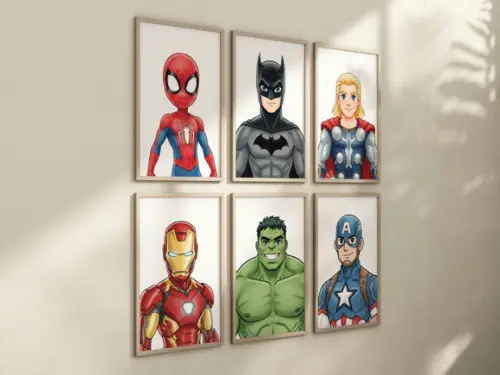 Kit 6 Quadros Decorativos Moldura Super-herói Menino A4