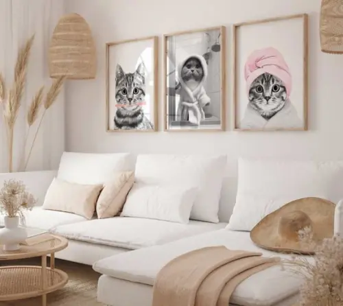 Kit 3 Quadros Decorativos Moldura Gato Banho Banheiro