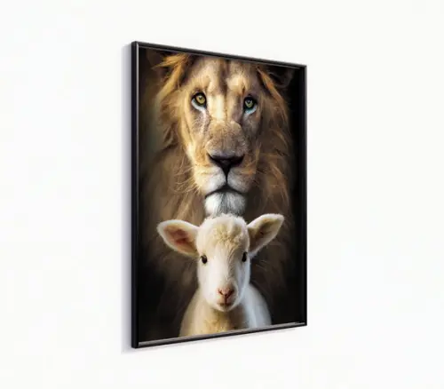 Quadro Decorativo com Moldura Leão e Ovelha Bom Pastor