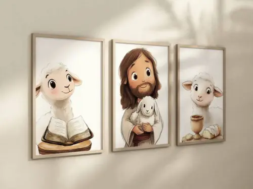 Kit 3 Quadros Decorativo Jesus Mini Berçário A4 24x34