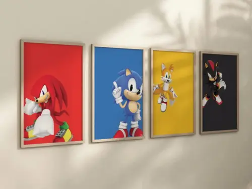 Kit 4 Quadros Decorativo Moldura Sonic Tails Knuckles Shadow