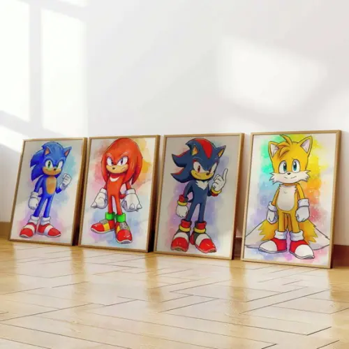 Kit 4 Quadros c/ Moldura Sonic Personagens Artes A3