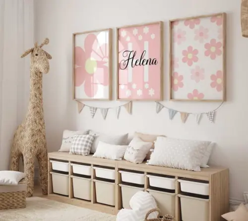 Kit 3 Quadros Decorativos Boho Flores Florido Berçário A3