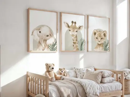 Kit 3 Quadros Decorativos Moldura Bebe Safari Animal 40x60