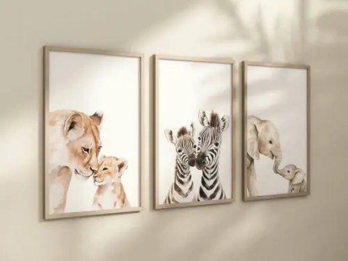Kit 3 Quadros Decorativos Safari Filhote e Mãe Berçário A4