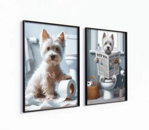 Kit 2 Quadros Decorativo Moldura Cachorro Banheiro