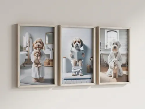 Kit 3 Quadros Decorativo Moldura Cachorro Banheiro