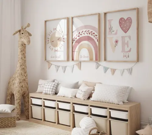 Kit 3 Quadros Decorativo Moldura Boho Love Sol Arco-iris A3